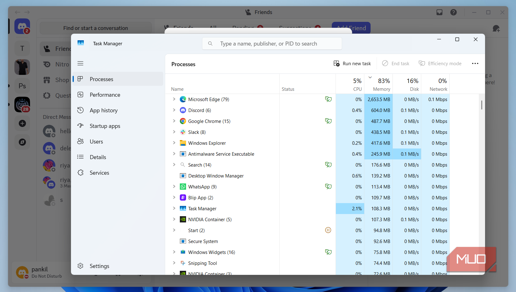 Discord app showing RAM usage
