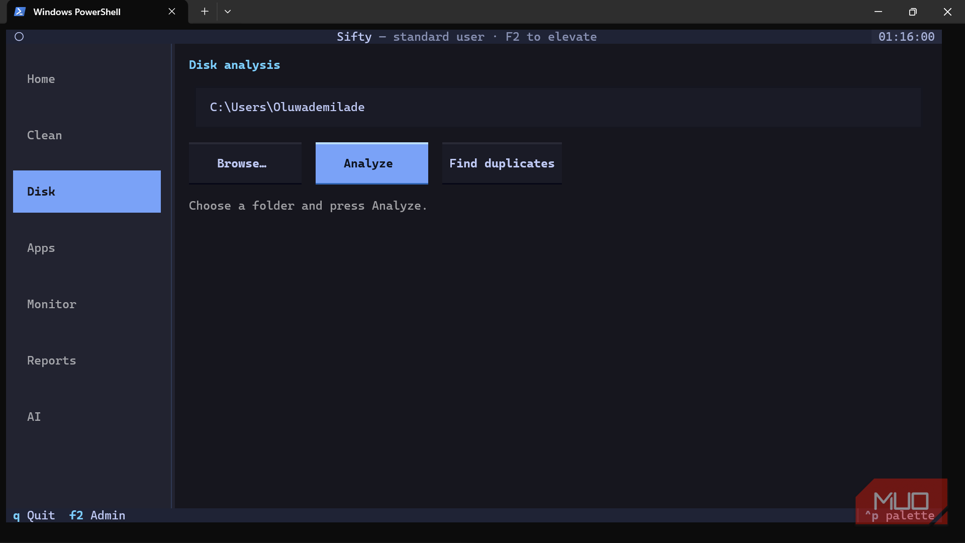 Disk analysis tool running in Windows PowerShell