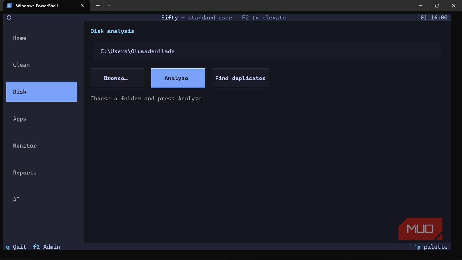 Disk analysis tool running in Windows PowerShell