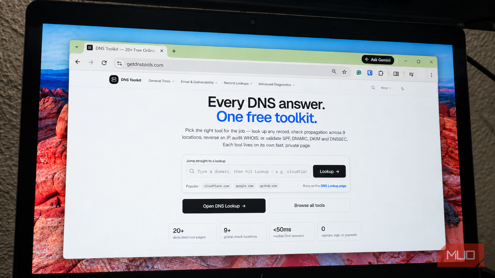 DNS Toolkit homepage showing its domain lookup box and DNS tools
