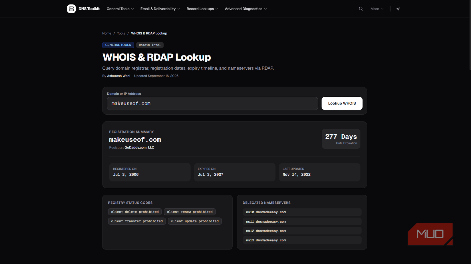 DNS Toolkit WHOIS and RDAP lookup showing domain registration information