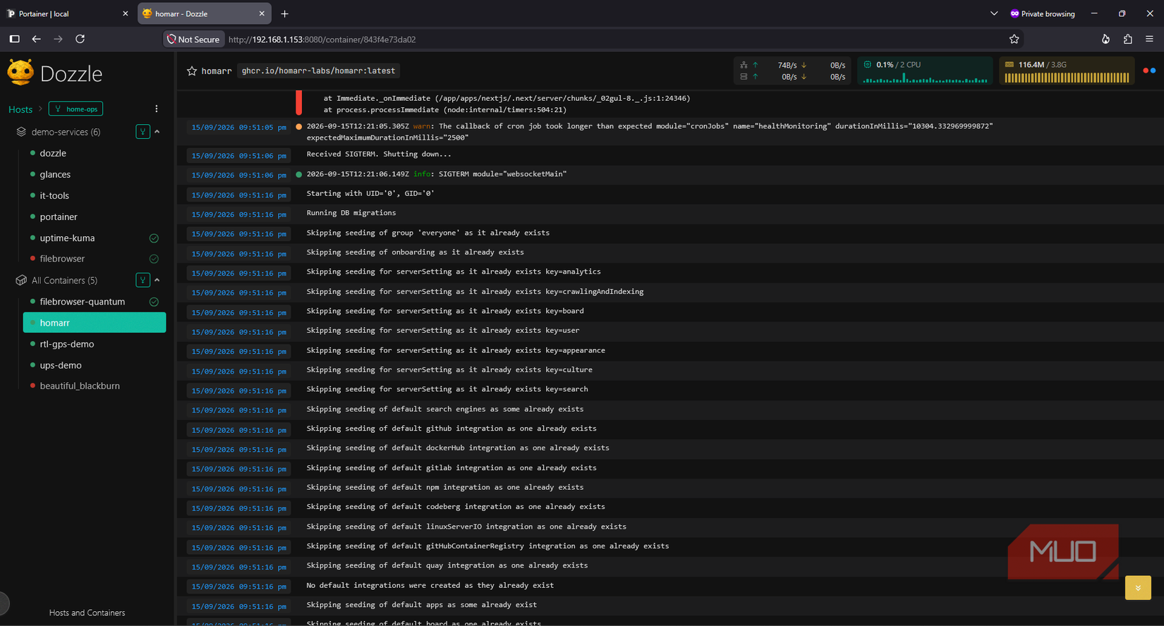 Timestamped Homarr startup logs in Dozzle immediately after restarting the container