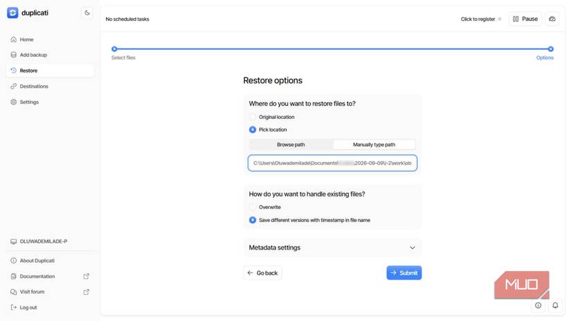 Duplicati restore options and path selection screen.