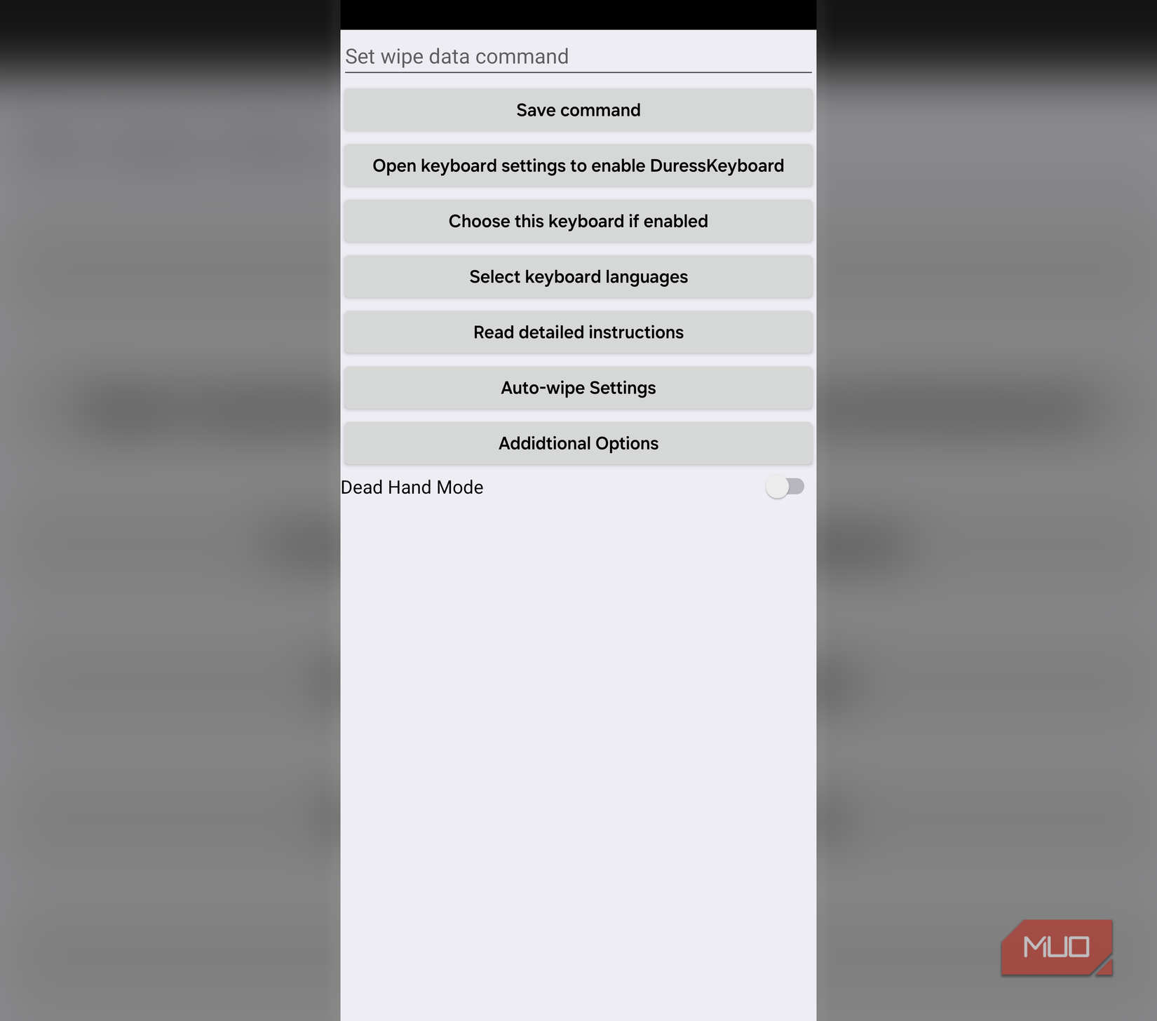 DuressKeyboard main screen showing wipe data command field and options