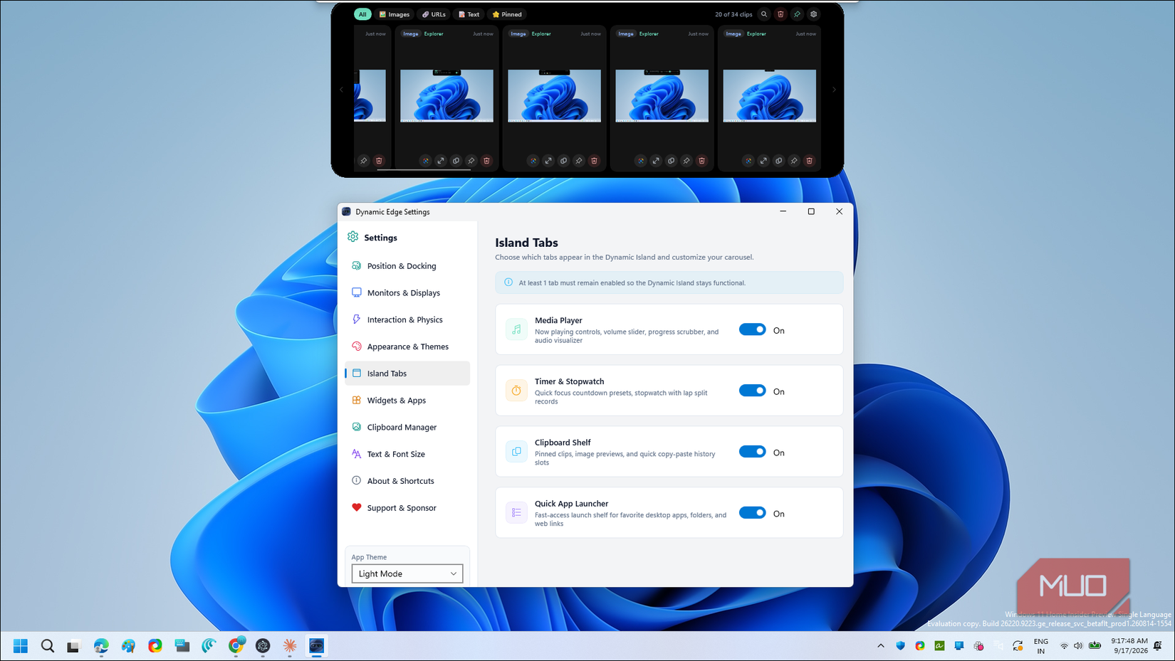 dynamic edge settings island tabs configuration window with feature toggles