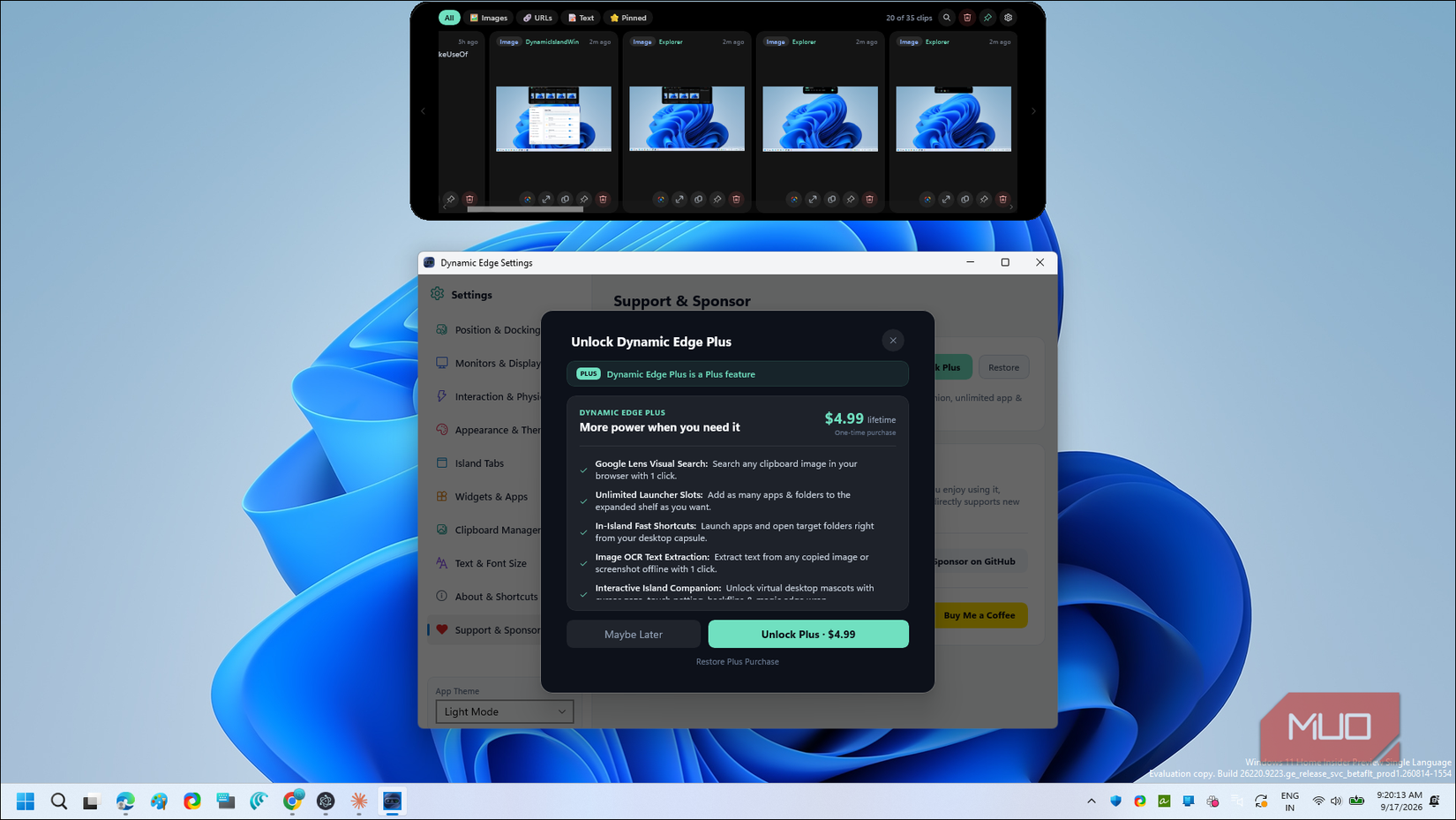 dynamic edge settings window with plus upgrade popup dialog