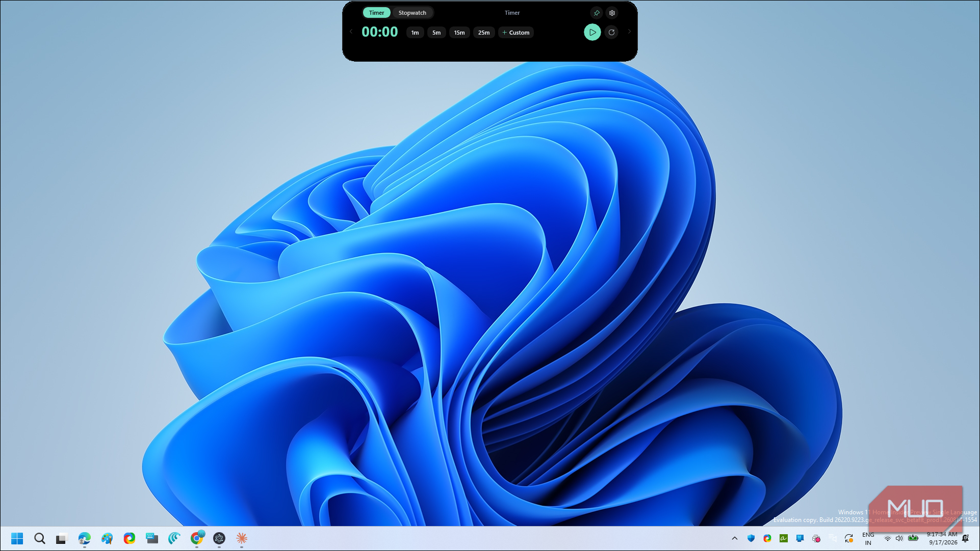 dynamic edge timer app window with stopwatch and preset options