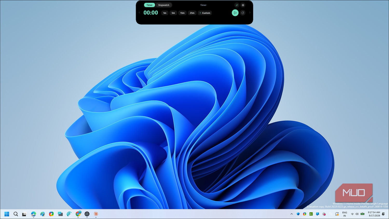 dynamic edge timer app window with stopwatch and preset options