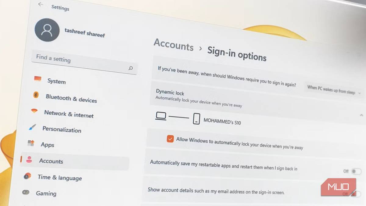 Функция Dynamic Lock для автоматической блокировки Windows Меню параметров динамической блокировки в Windows