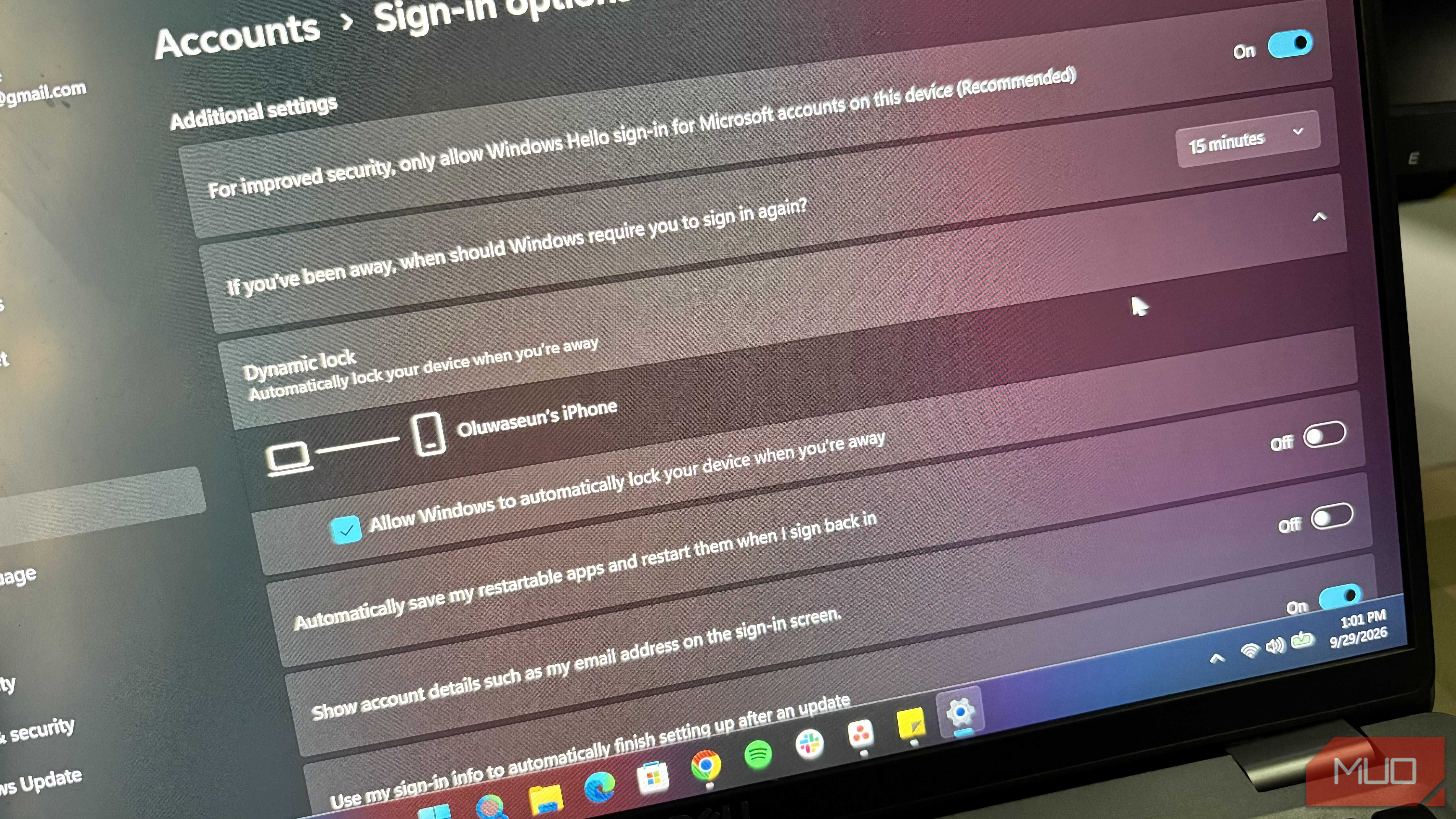 Dynamic Lock in Windows settings