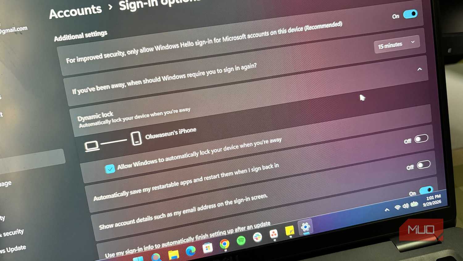 Dynamic Lock in Windows settings