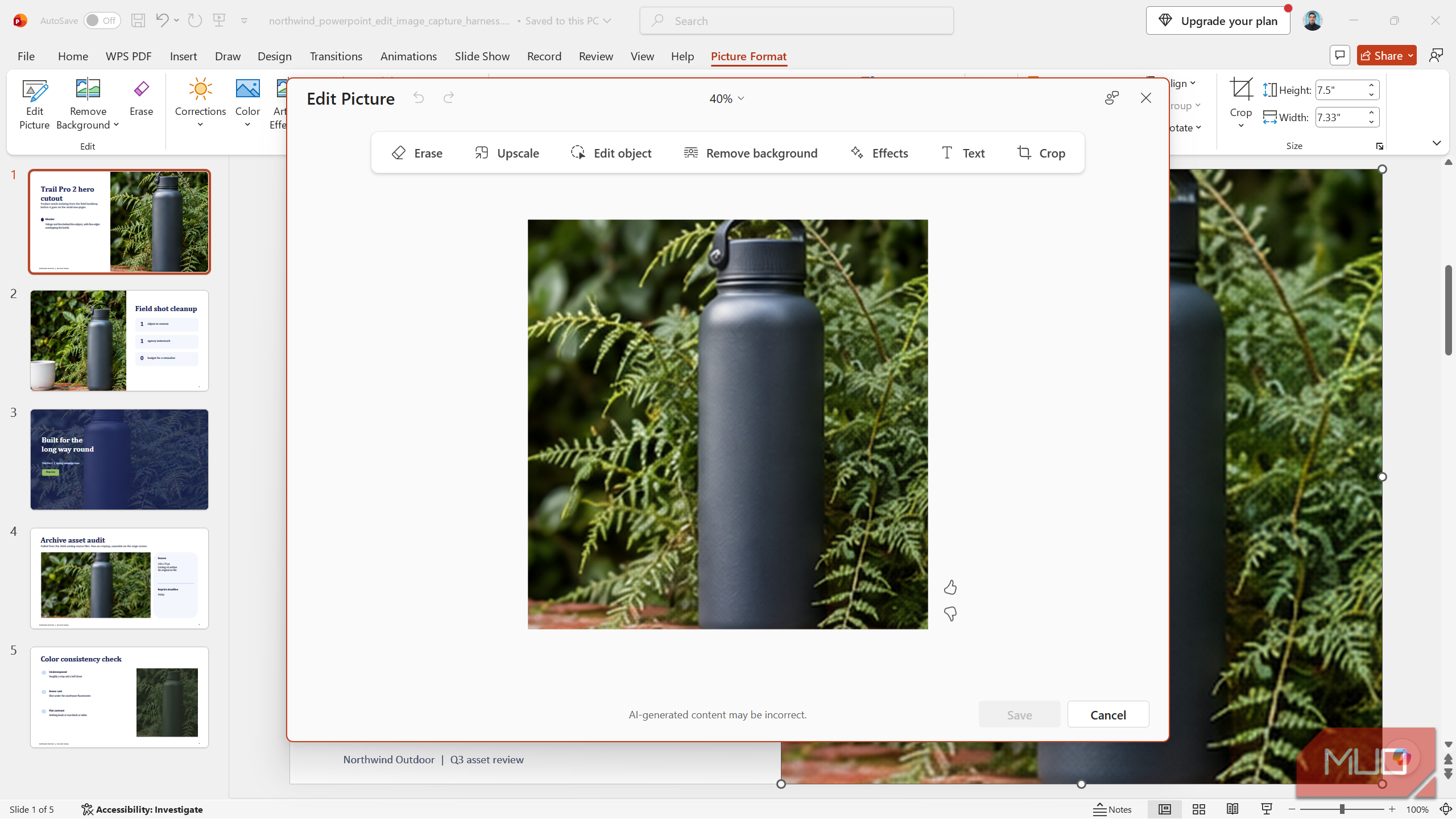 PowerPoint editor interface showing the image editing toolbar within the Picture Format tab