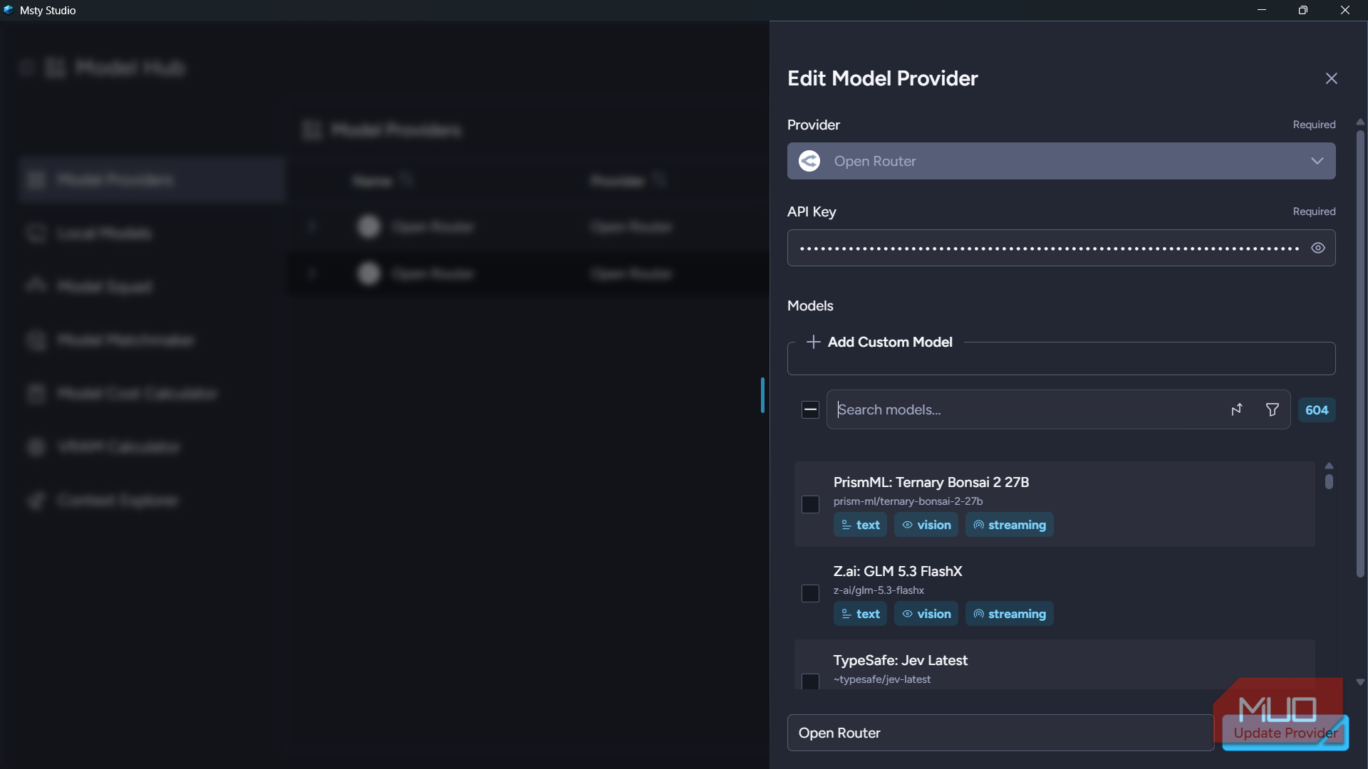 Edit Model Provider panel in Msty Studio showing the saved API key