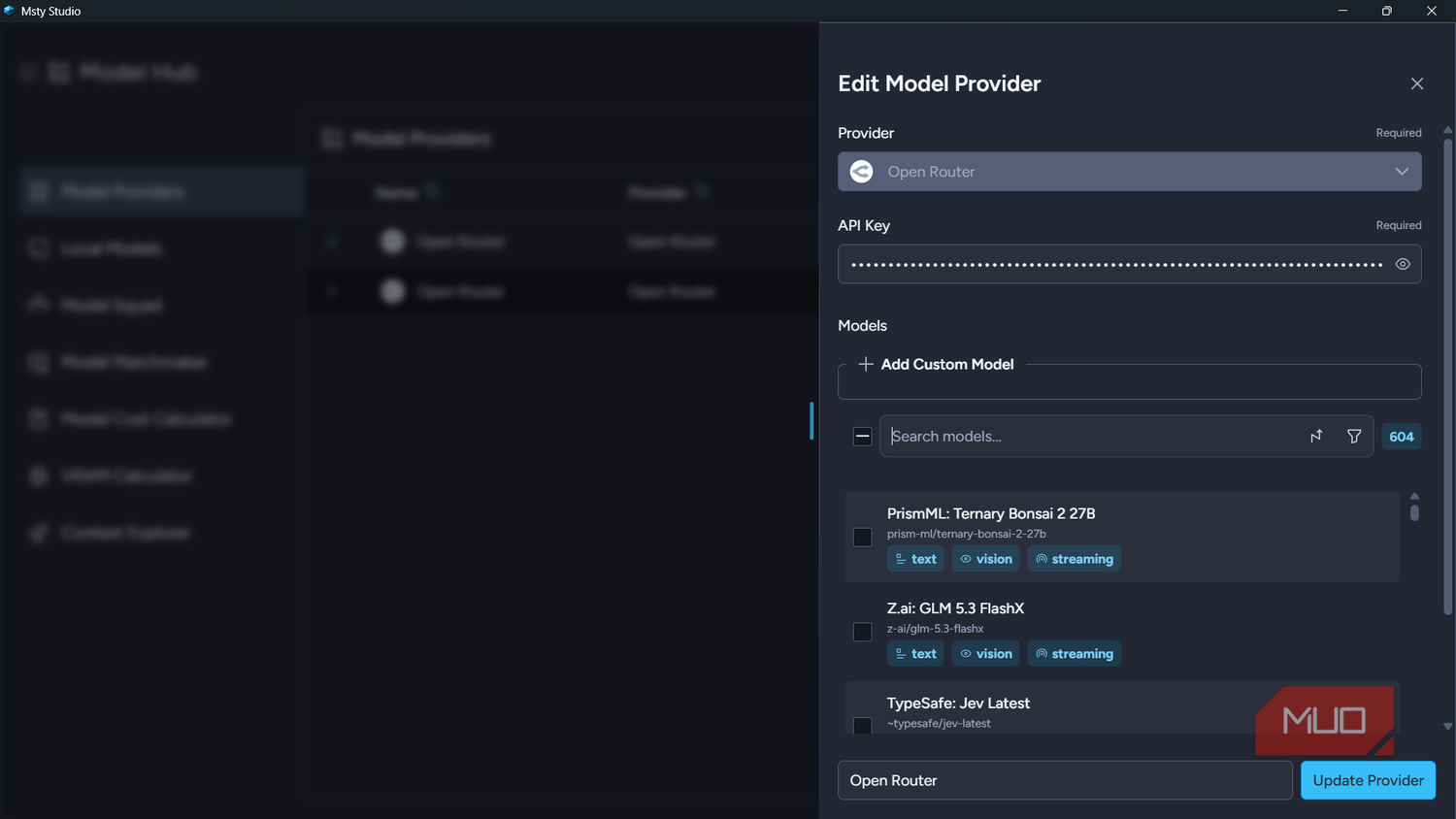 Edit Model Provider panel in Msty Studio showing the saved API key