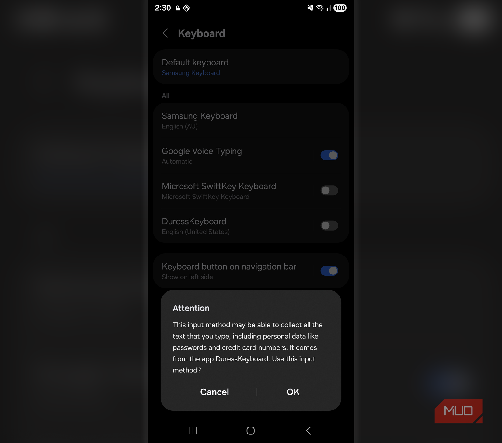 Android warning that DuressKeyboard may collect everything typed through the keyboard.