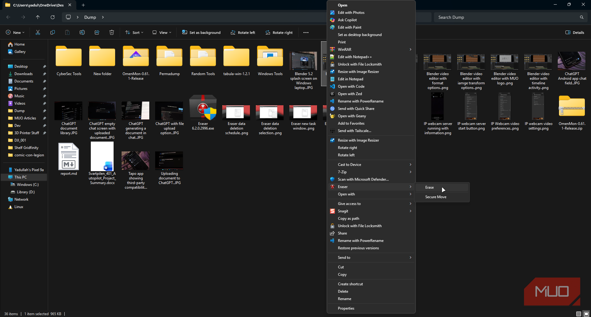 Eraser context menu options.