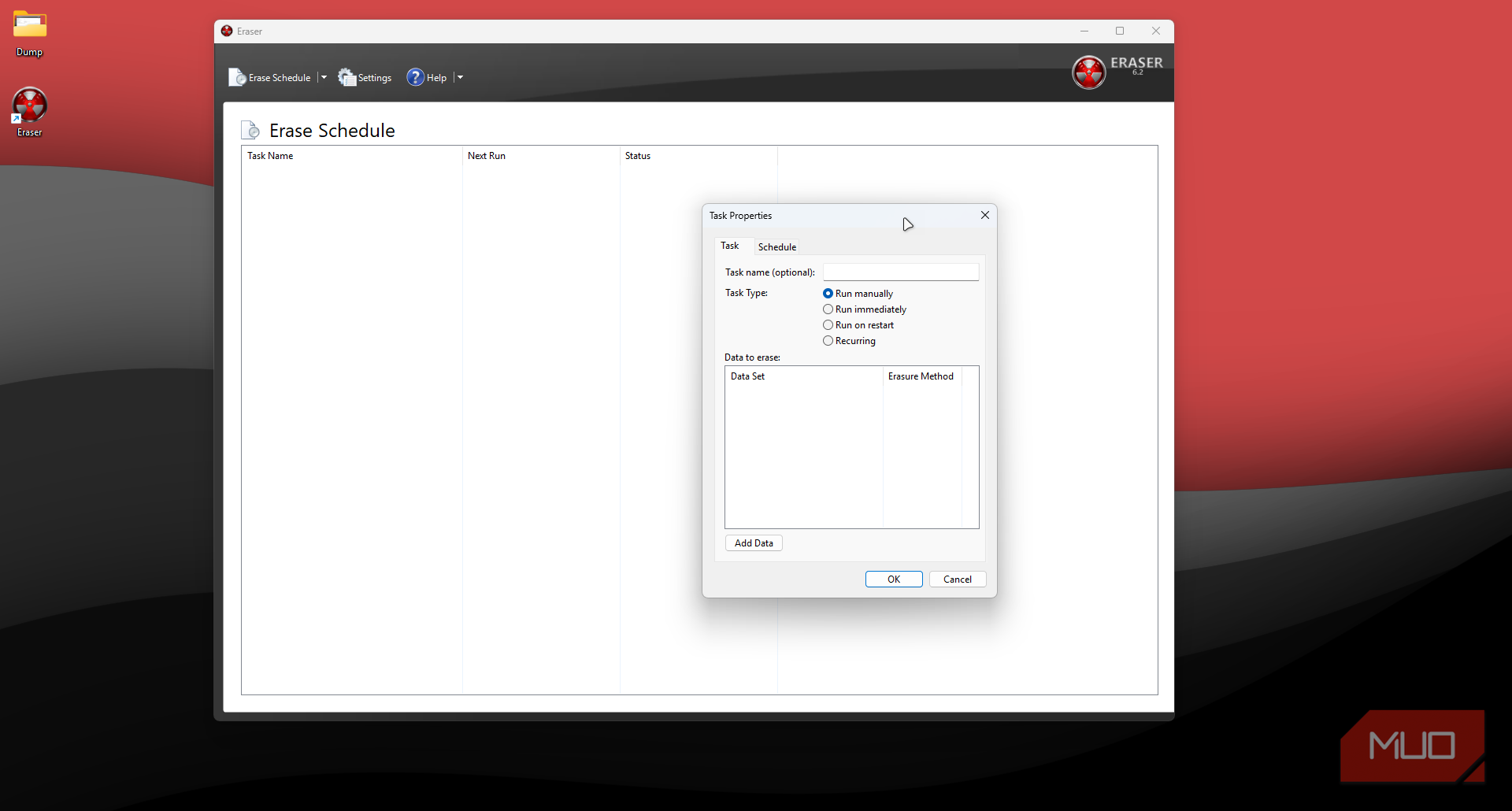 Eraser new task window.