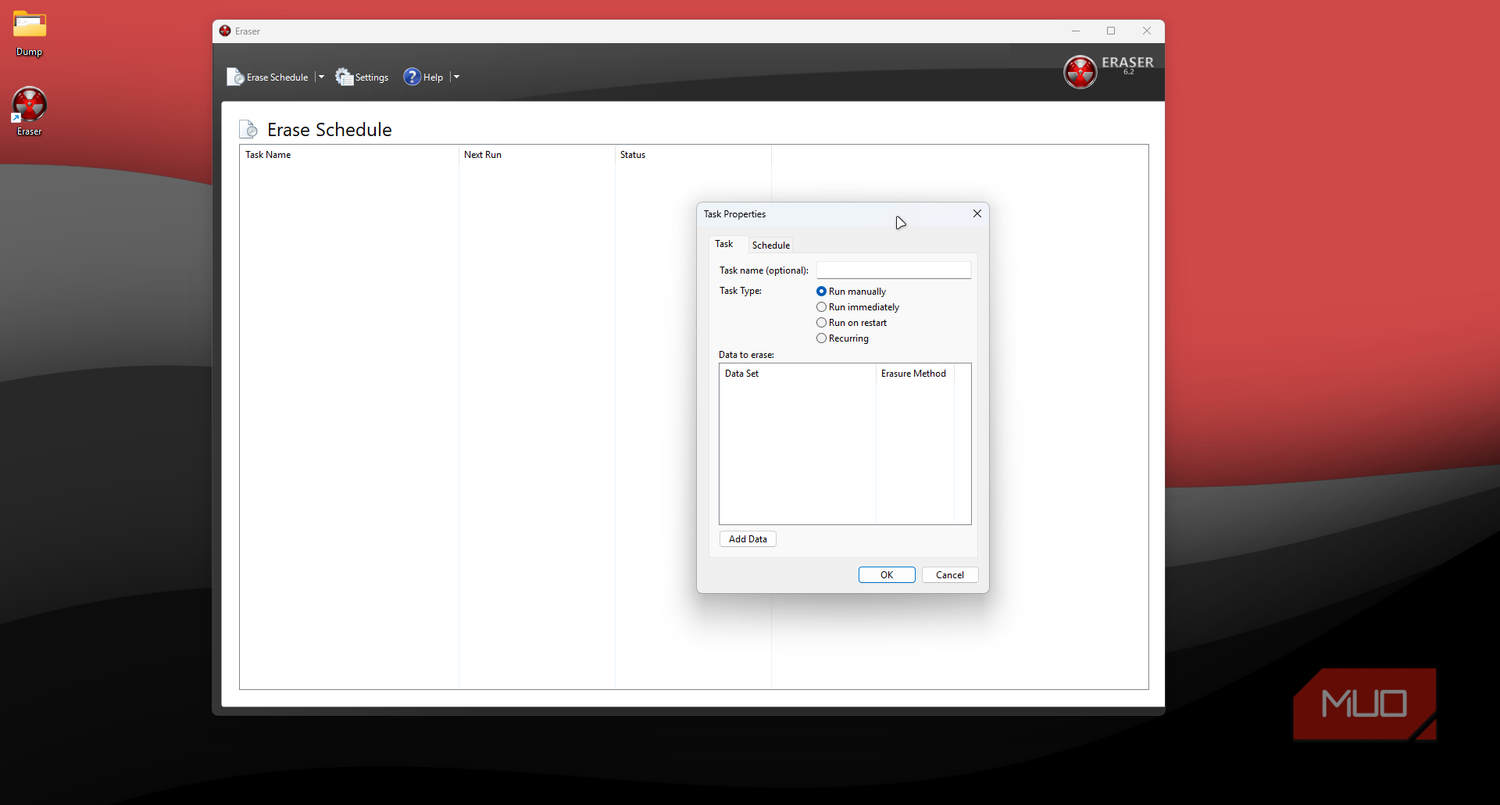 Eraser new task window.
