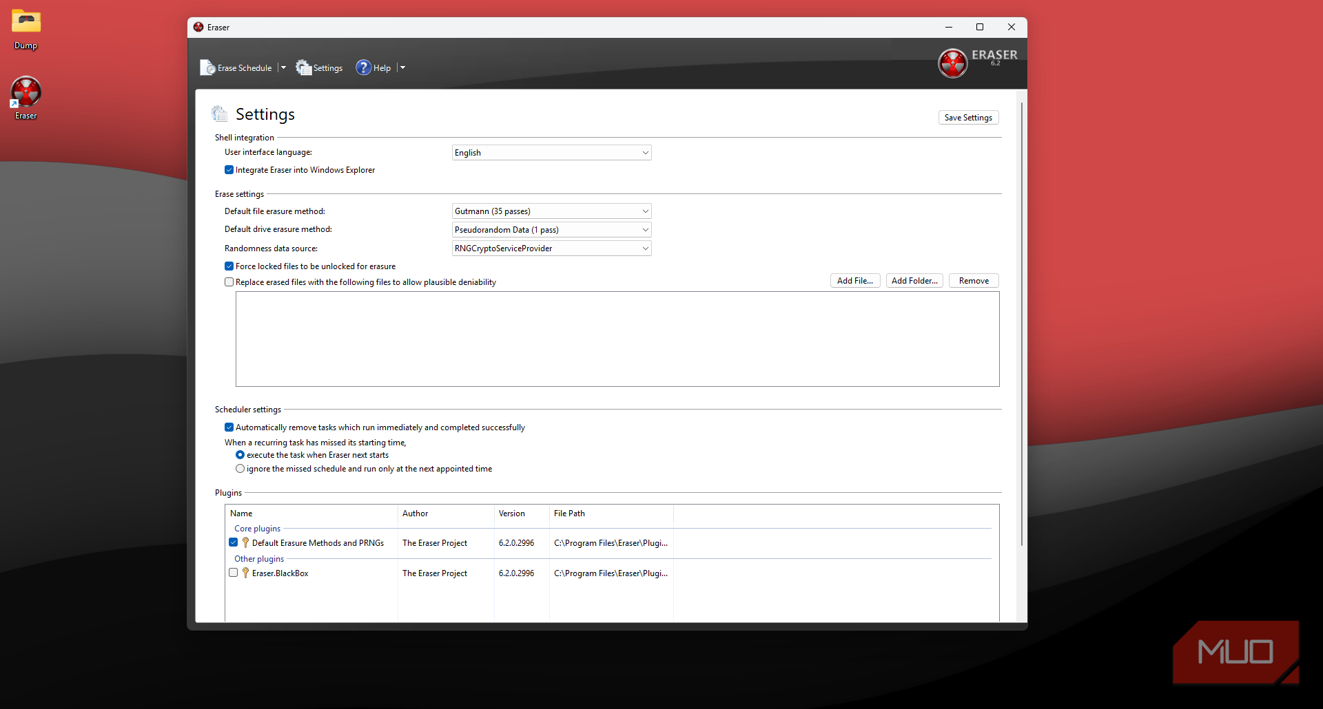 Eraser program settings.