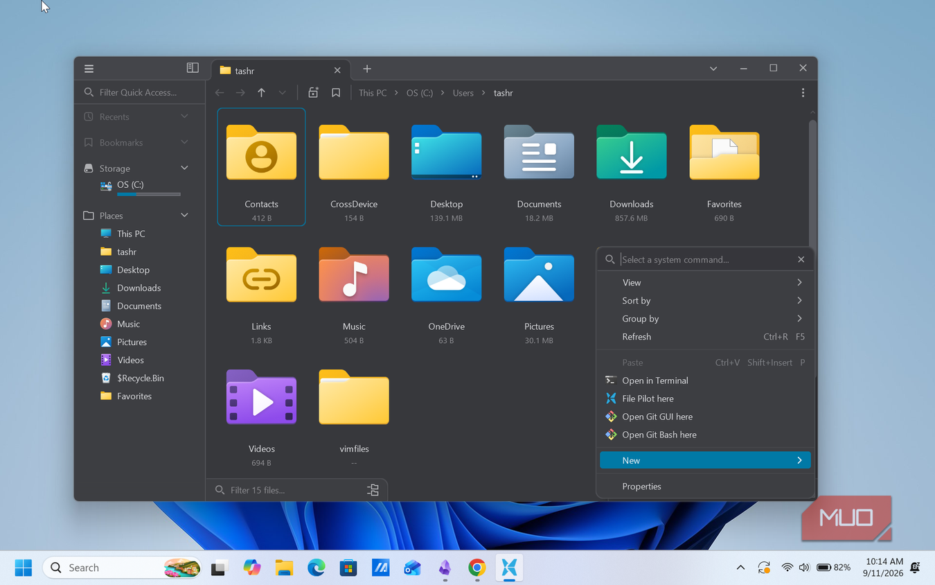 file pilot app context menu in tashr folder showing system commands and file operations