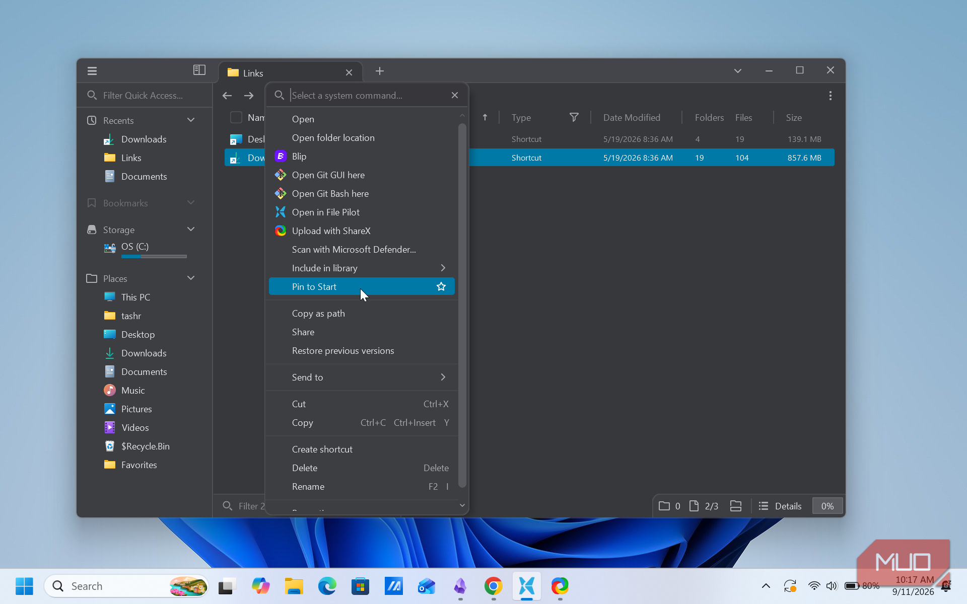 file pilot app context menu with shortcut operations and folder navigation