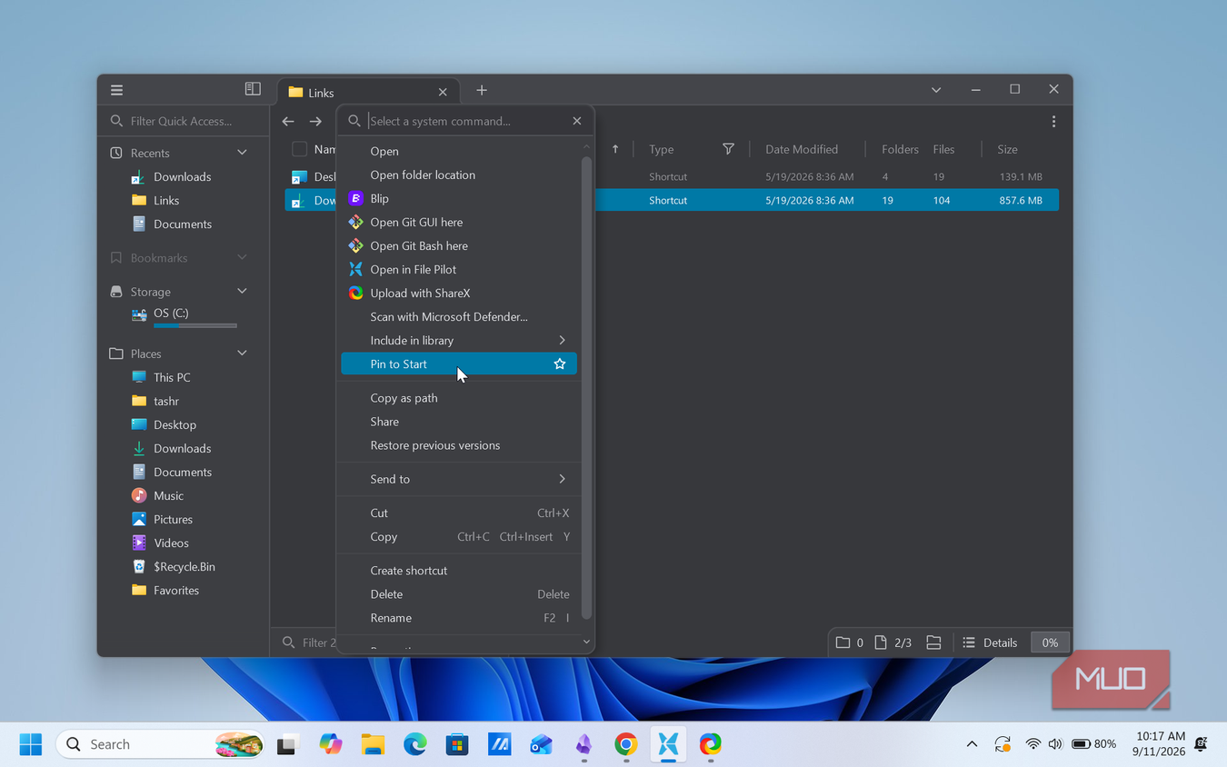 file pilot app context menu with shortcut operations and folder navigation