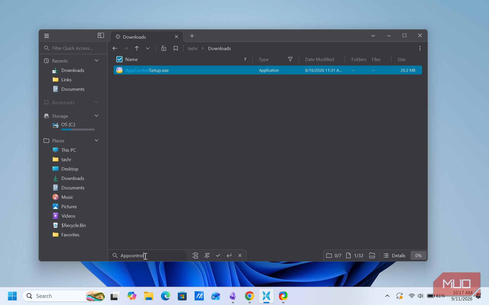 file pilot app downloads folder with appcontrol setup executable file