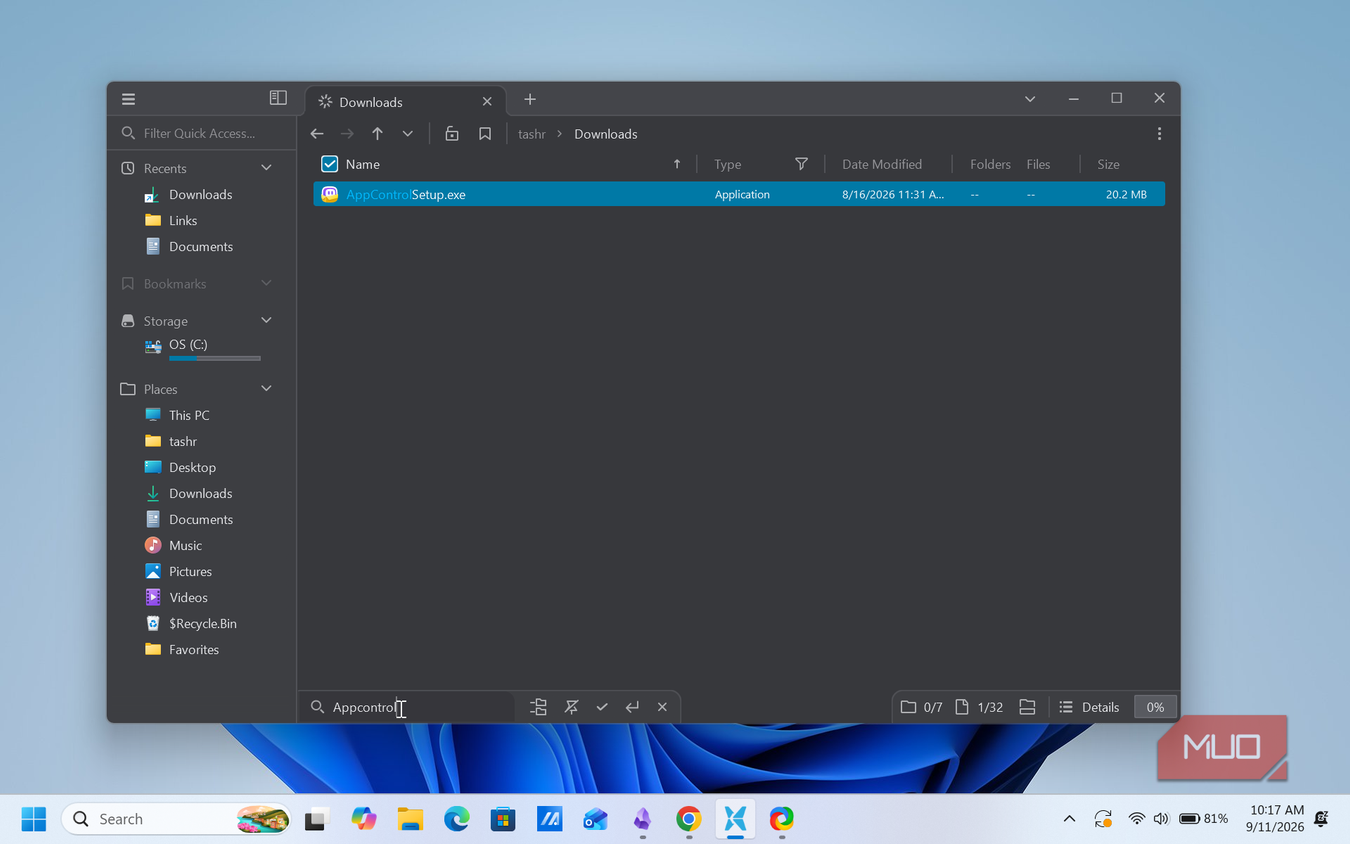 file pilot app downloads folder with appcontrol setup executable file