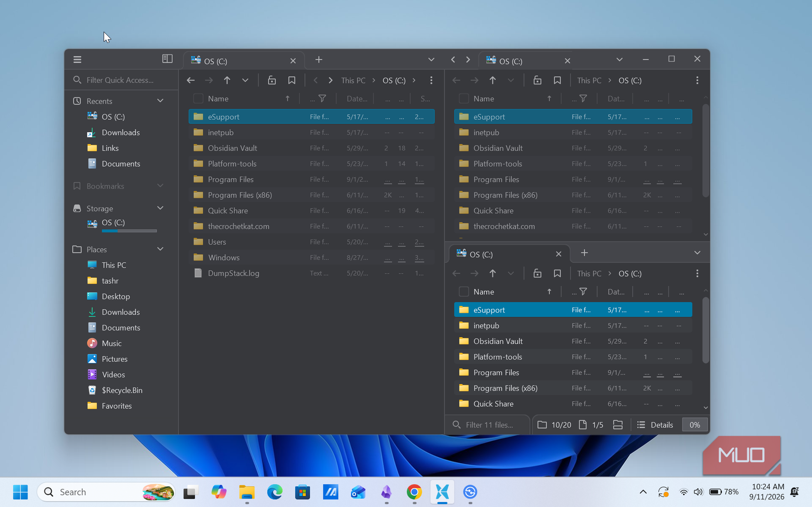 file pilot app showing os drive directory with multiple folder windows open