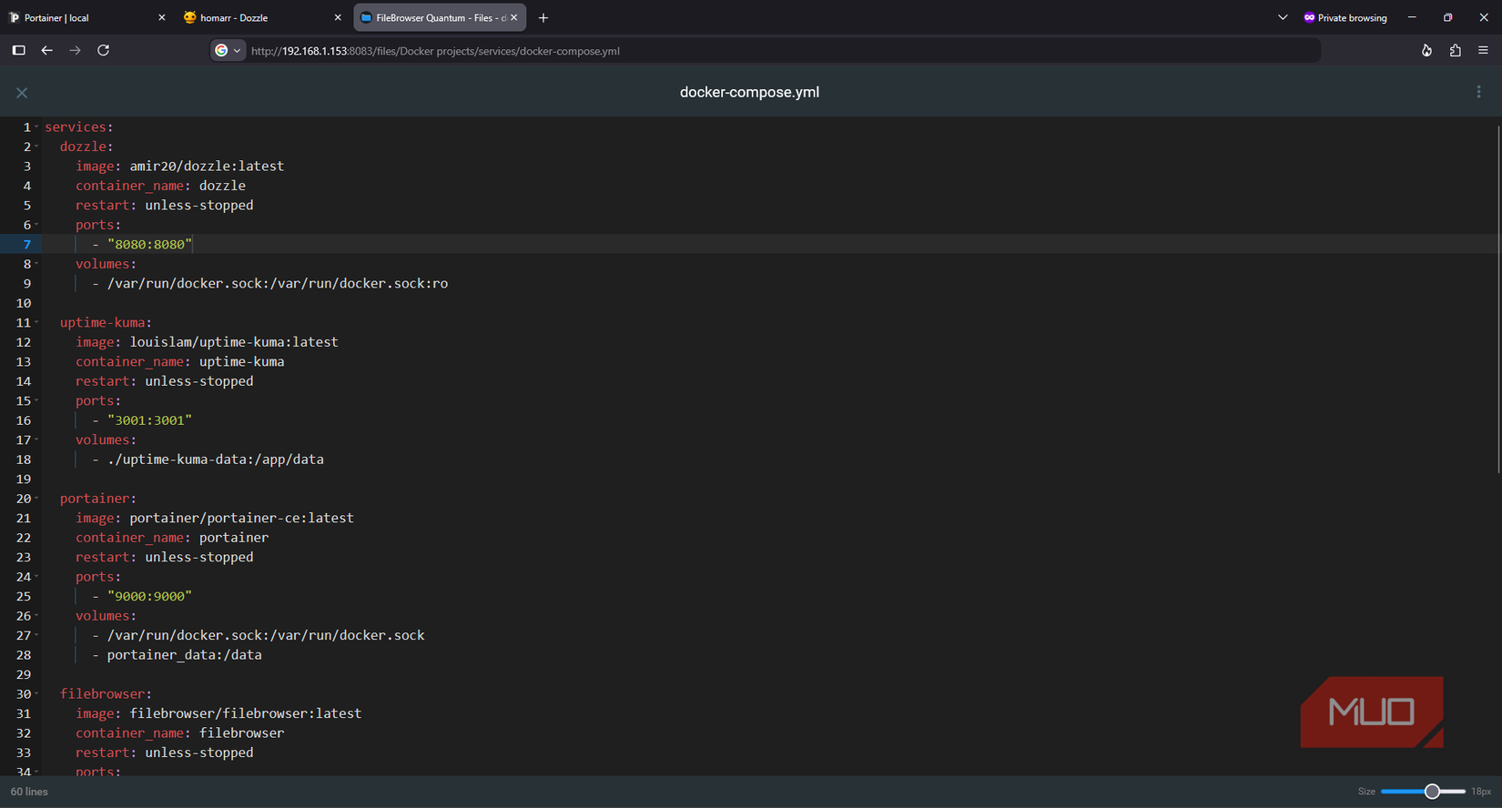 Docker Compose configuration file open in FileBrowser Quantum’s built-in text editor