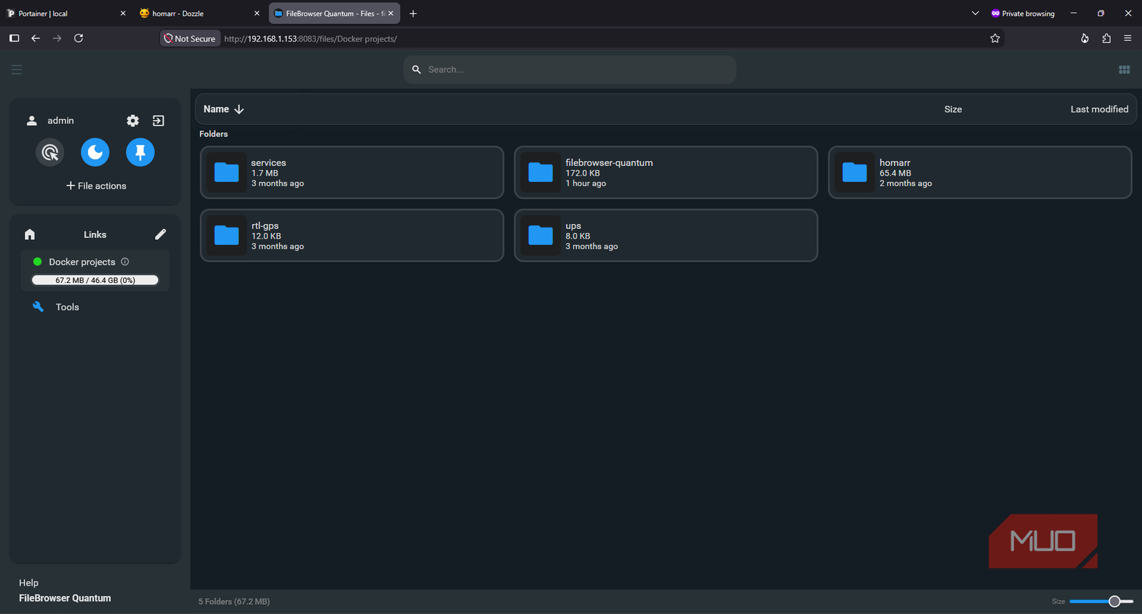 Docker project directories displayed in the FileBrowser Quantum web interface