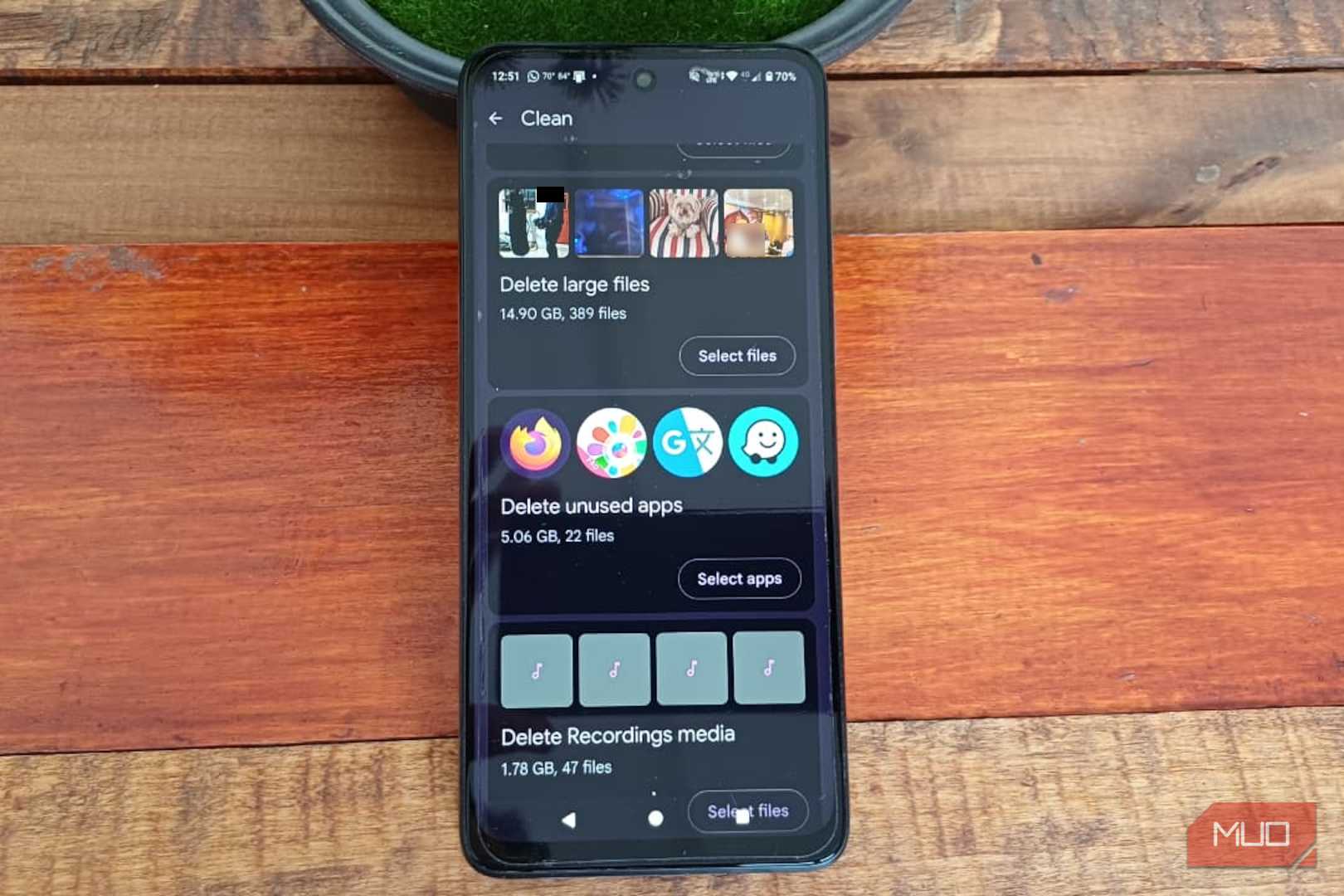 Files by Google showing 14.90GB of large files ready to review on an Android phone