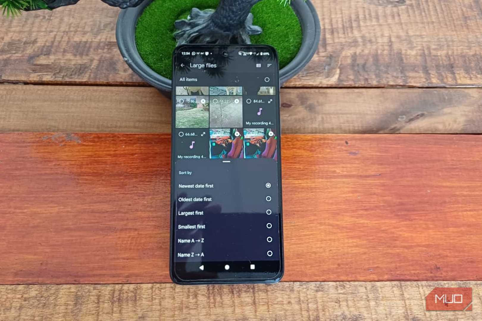 Files by Google with the Large files Sort by menu, showing options such as newest, oldest, and largest first