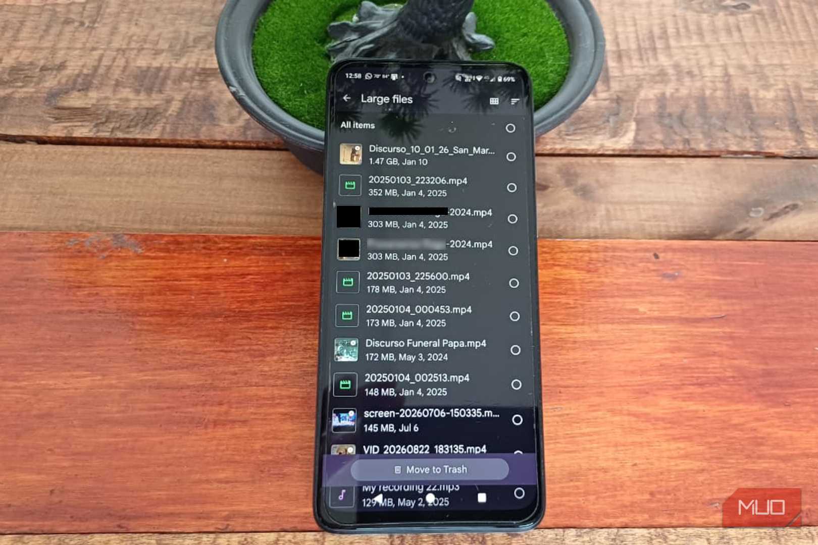 Files by Google showing large files in list view with the largest items at the top