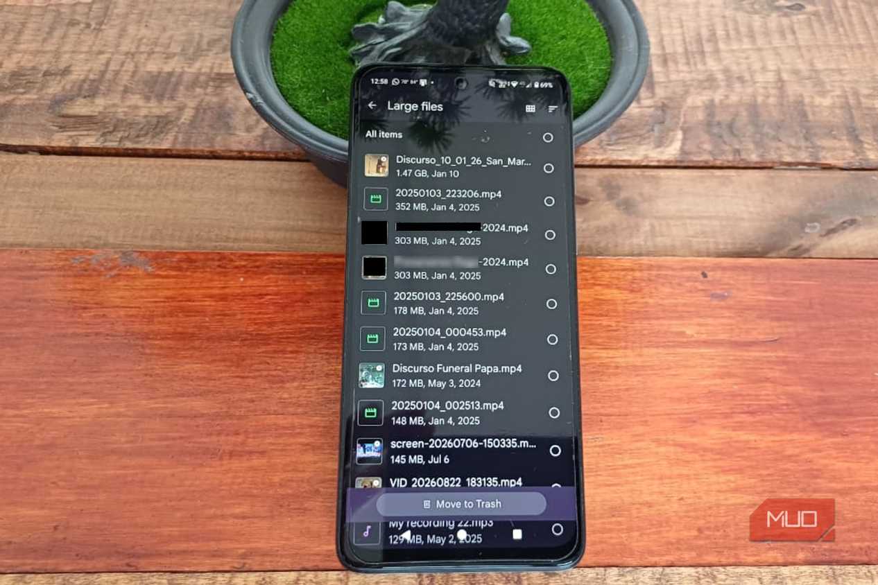 Files by Google showing large files in list view with the largest items at the top