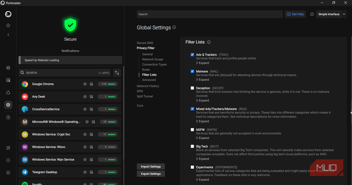 Portmaster Settings showing the filter list with some boxes checked.