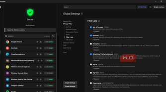 Portmaster Settings showing the filter list with some boxes checked.