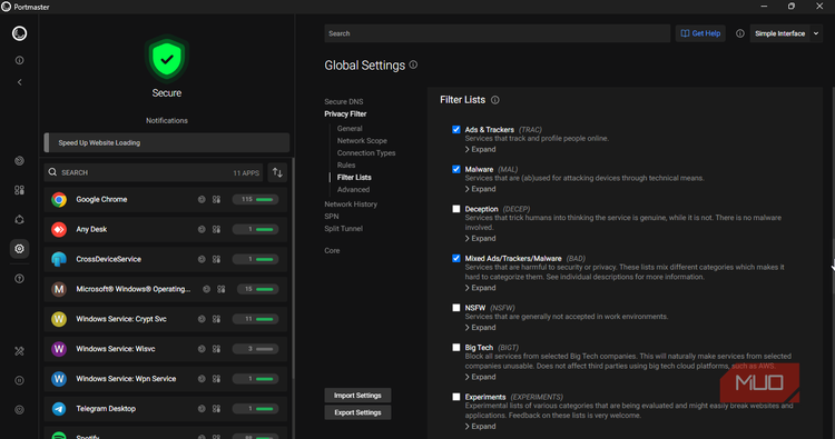 Portmaster Settings showing the filter list with some boxes checked.