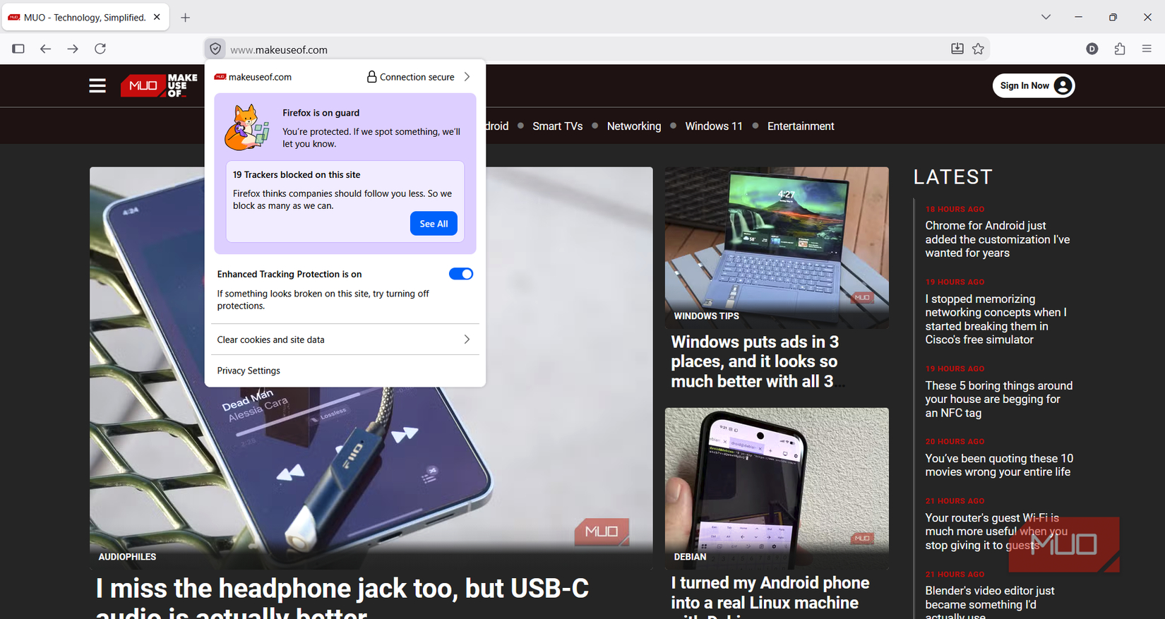 Firefox drop-down menu showing blocked tracking scripts