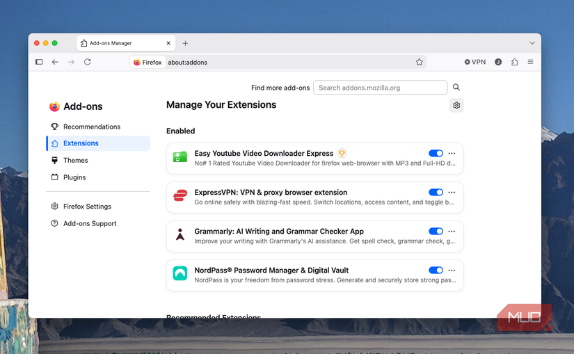 The Firefox extensions manager interface.