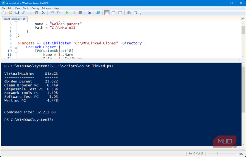 PowerShell showing one golden Windows image and five customized linked clones using about 32GB combined