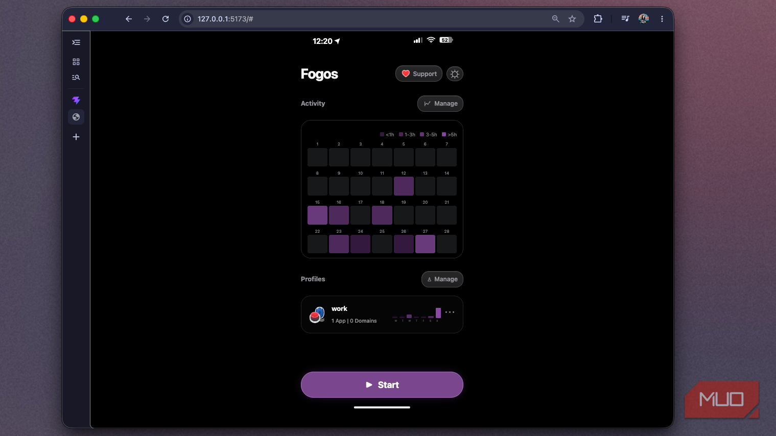 Foqos recreation at 127.0.0.1-5173 showing the home screen heatmap and purple Start button