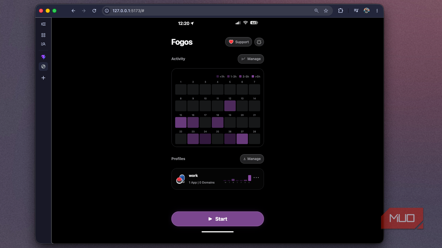 Foqos recreation at 127.0.0.1-5173 showing the home screen heatmap and purple Start button