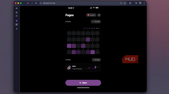 Foqos recreation at 127.0.0.1-5173 showing the home screen heatmap and purple Start button