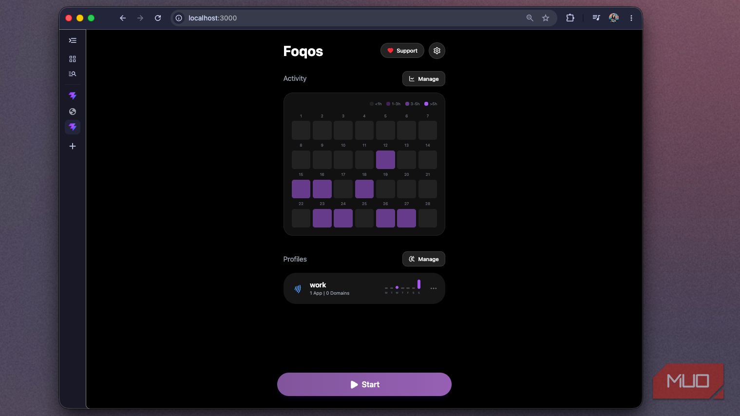 Foqos recreation at localhost-3000 showing the home screen heatmap and purple Start button