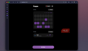 Foqos recreation at localhost-3000 showing the home screen heatmap and purple Start button