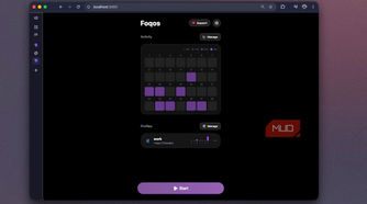 Foqos recreation at localhost-3000 showing the home screen heatmap and purple Start button