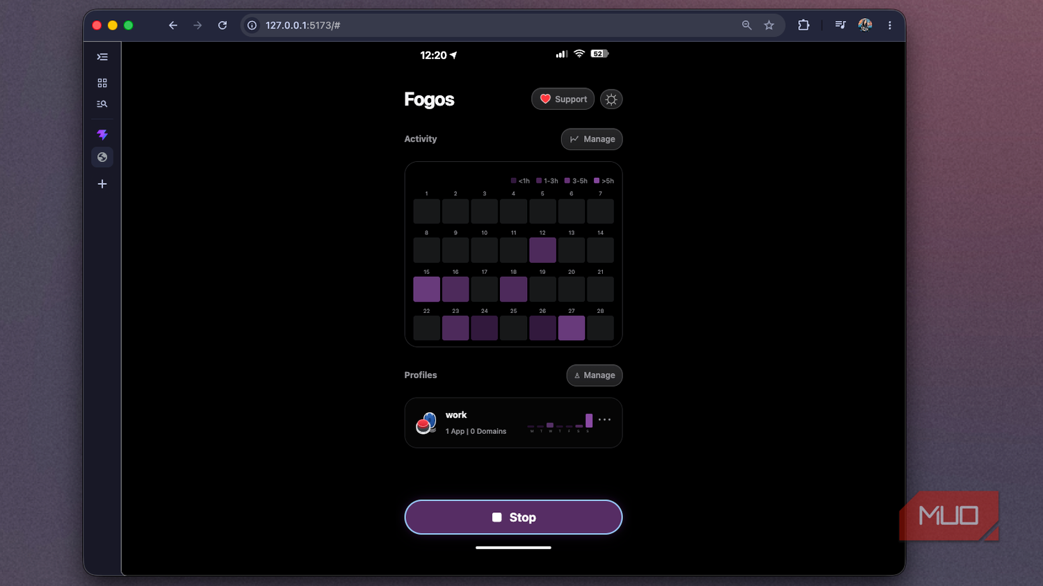 Foqos recreation home screen mid-session, showing an outlined purple Stop button