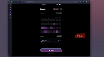 Foqos recreation home screen mid-session, showing an outlined purple Stop button