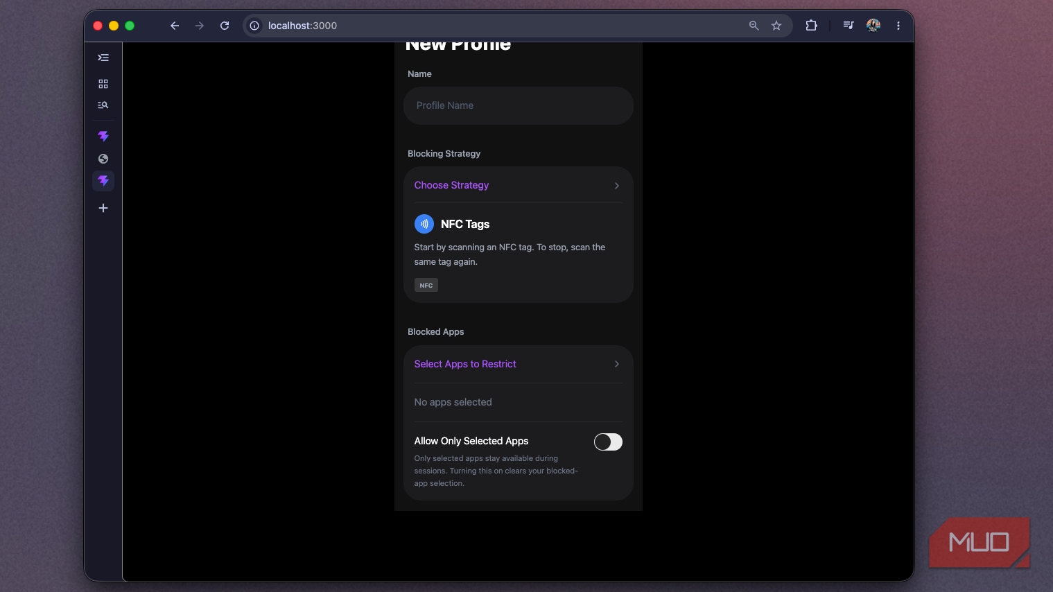Foqos recreation showing the New Profile form scrolled down past the strategy card